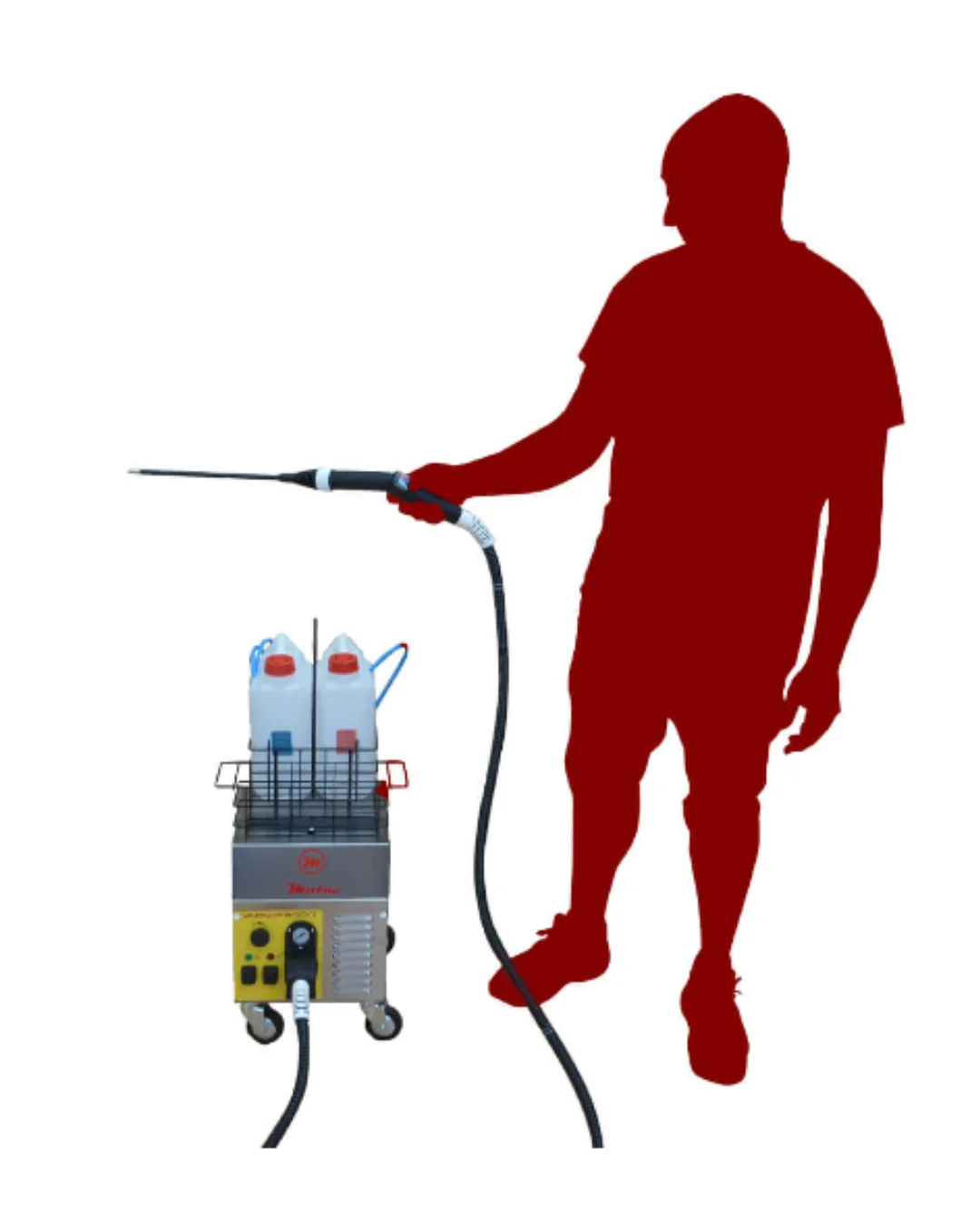 Generador-vapor-profesional Perfil de persona enseñando el tamaño de la maquina de vapor
